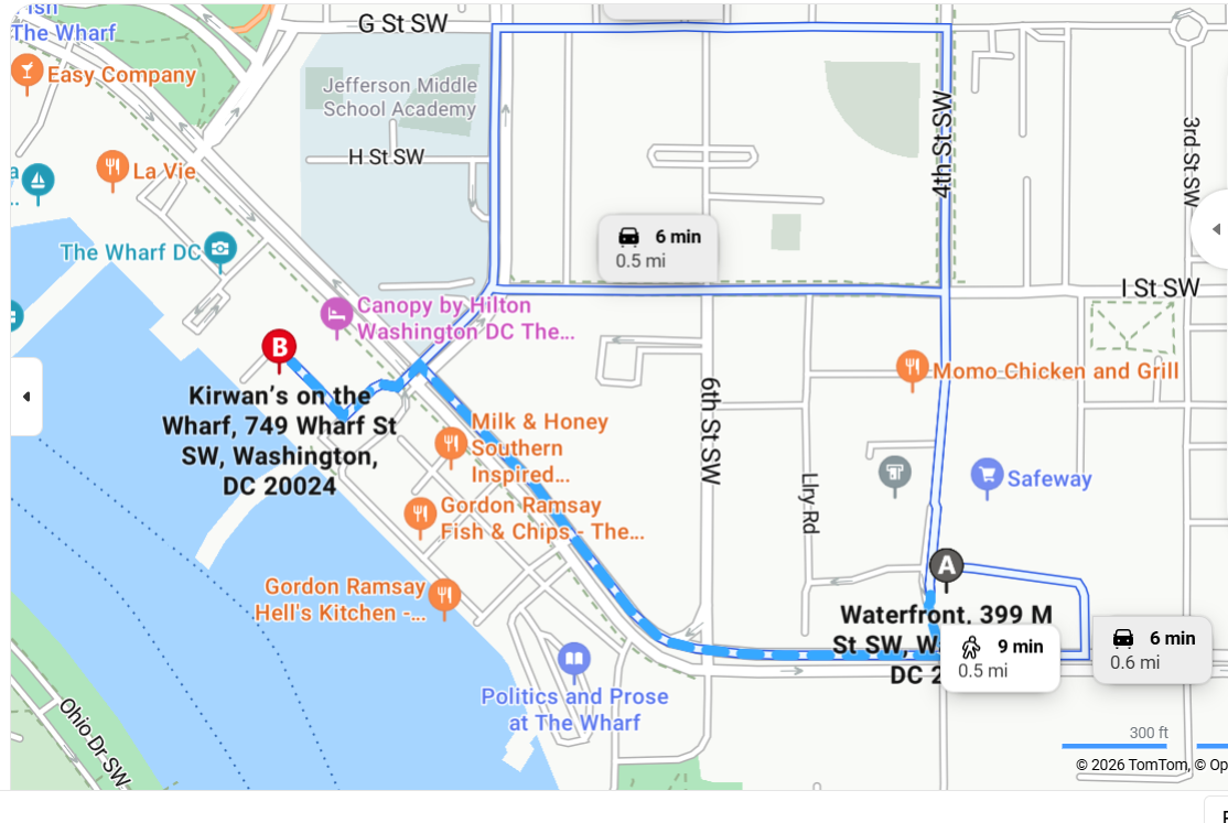Map of directions to Kirwan's on the Wharf from the Waterfront Metro Station